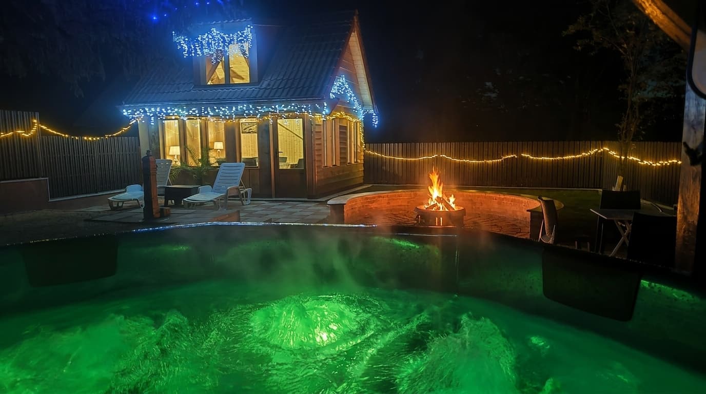 Ciubărul tip jacuzzi, seara, cu apă verde de la cromoterapie și foc în curte